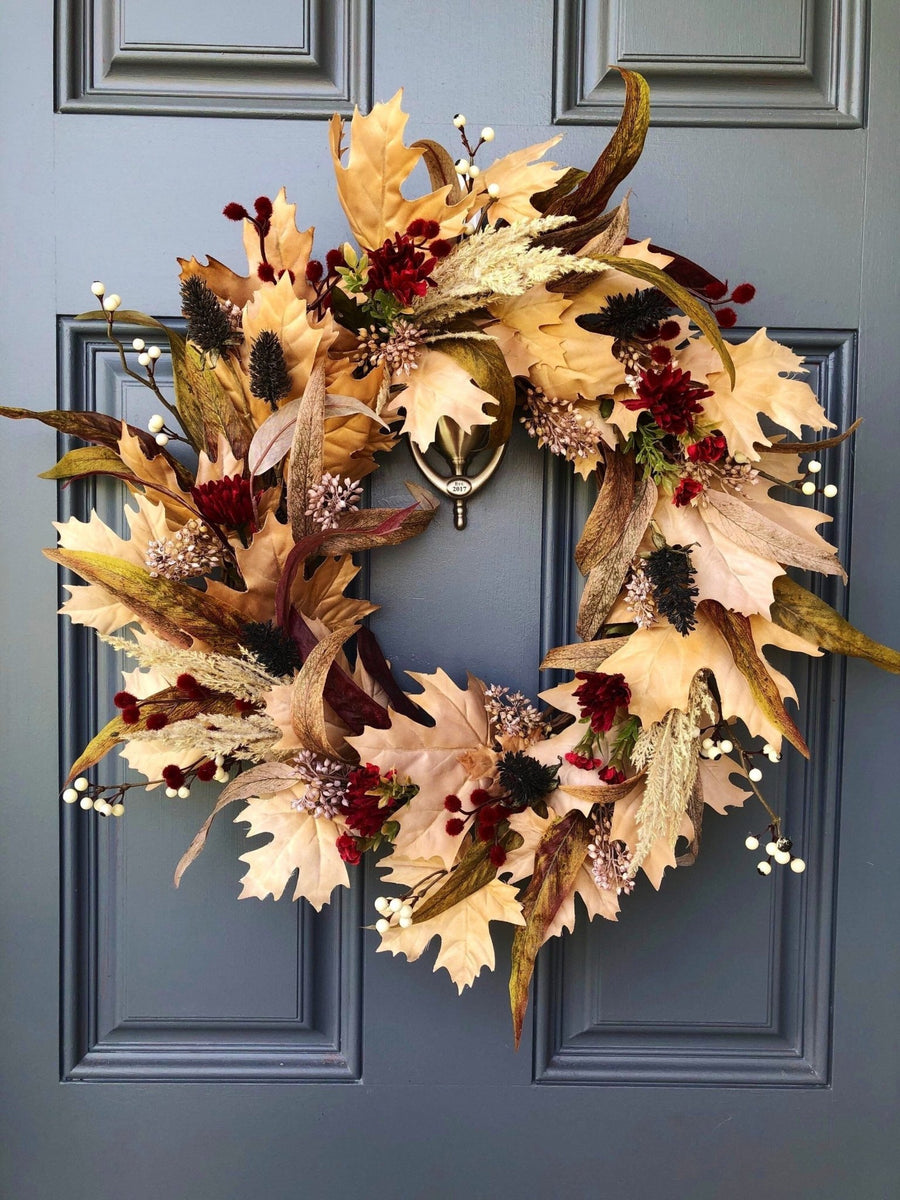 Fall boho beige maple leaf front door wreath