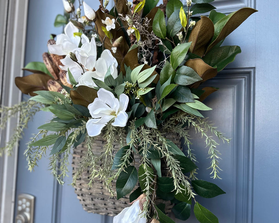 Year-round magnolia front door faux swag, 38” long, housewarming gift, farmhouse wall decor, cottagecore decor, teardrop swag wreath,
