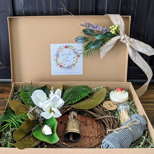 Personalized magnolia wreath gift box with southern charm! Housewarming Gift