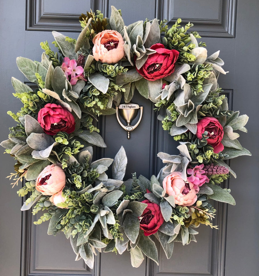 Spring front door wreath with lambs ear, peonies
