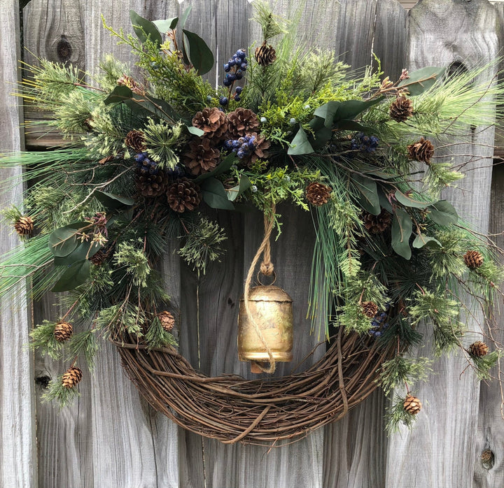 Winter wreath rustic gold bell 20” - 24”-30”-36” front door