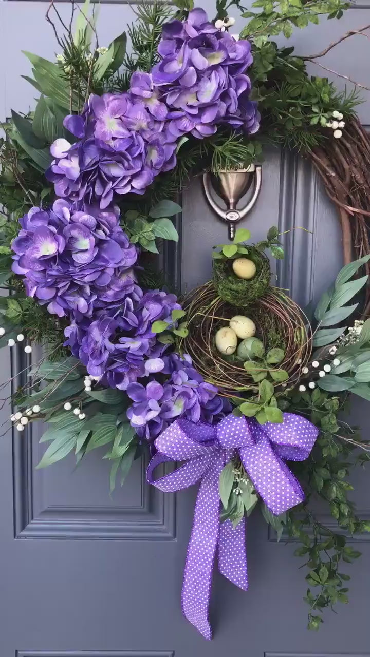 Purple spring front door wreath, purple hydrangeas, farmhouse style, interior wall decor, bird nest with eggs, Easter wreath, porch decor