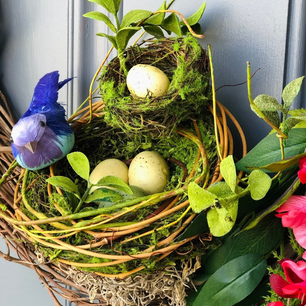 Bird Lover's Wreath, Deep Red and Brilliant Blues with two Nests and Lush Greenery. 20 inch diameter.