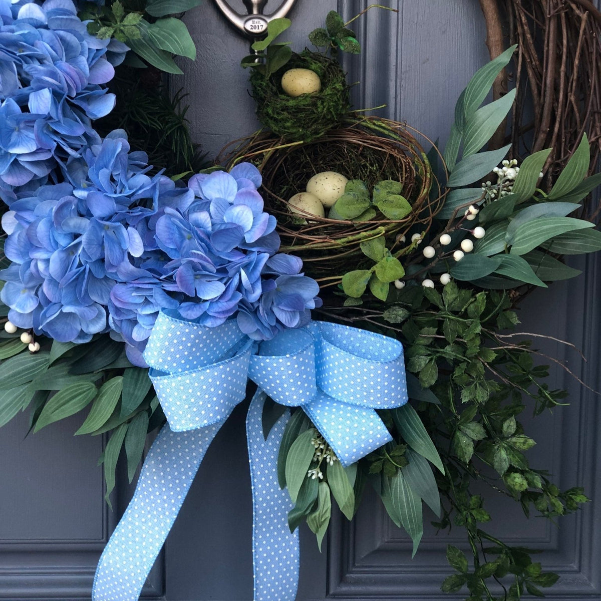 Blue hydrangea front door wreath