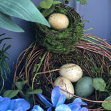 Close up of bird's nests on a Blue hydrangea front door wreath