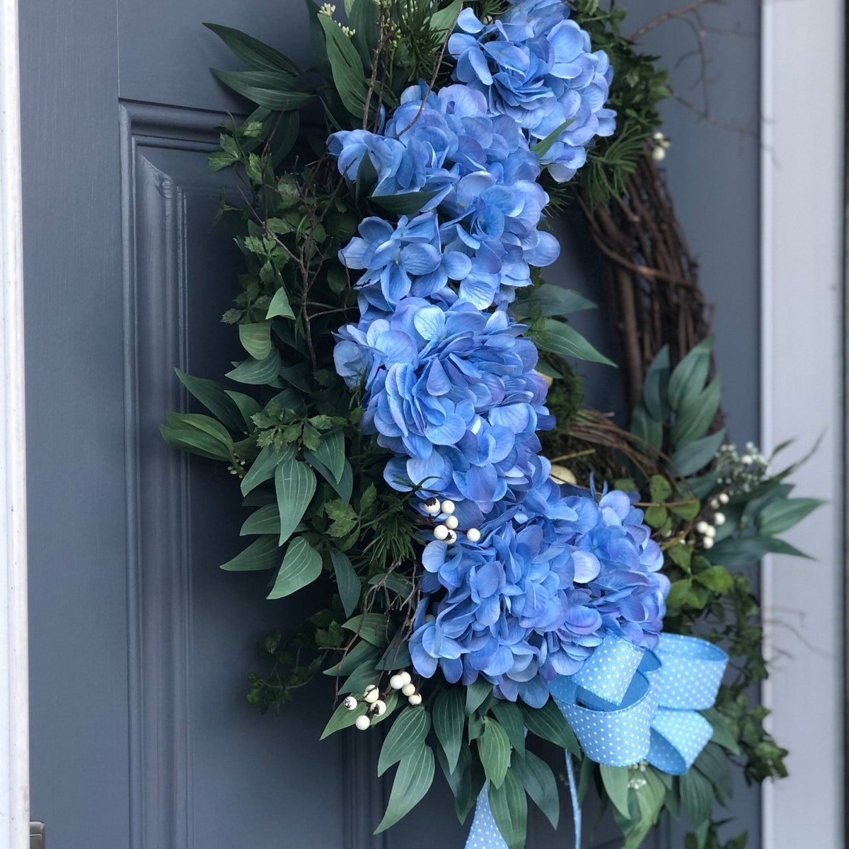 Blue hydrangea front door wreath