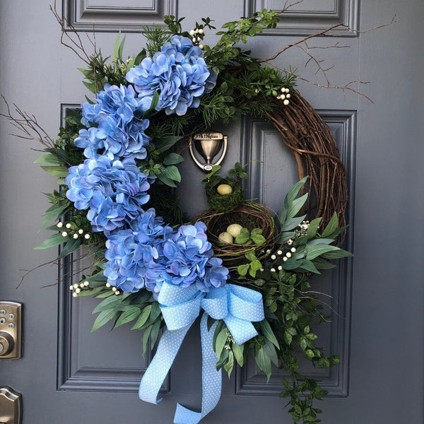 Blue hydrangea front door wreath