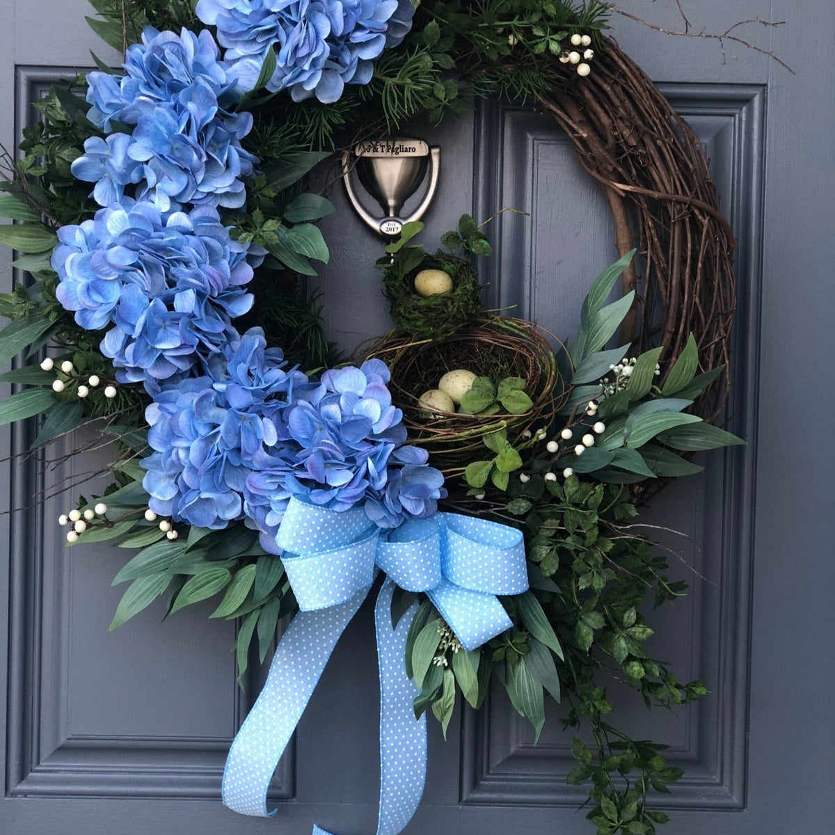 Blue hydrangea front door wreath