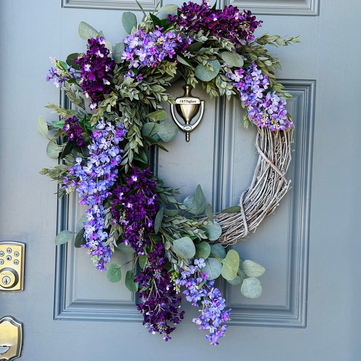 Eucalyptus and lilac front door wreath