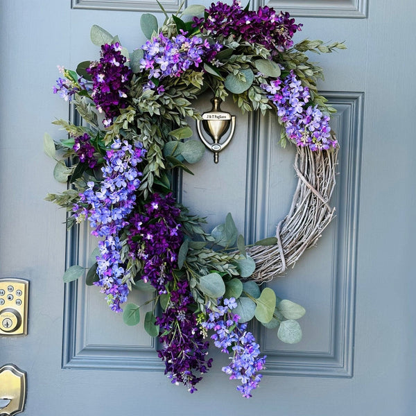 Eucalyptus and lilac front door wreath