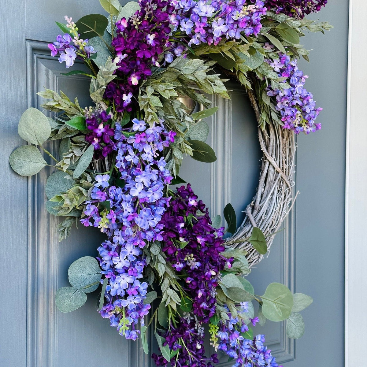 Eucalyptus and lilac front door wreath
