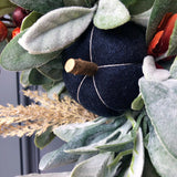 Fall lambs ear and blue pumpkin wreath