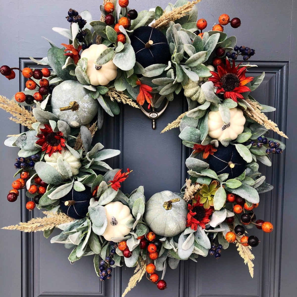 Fall lambs ear and blue pumpkin wreath