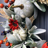 Fall lambs ear and blue pumpkin wreath