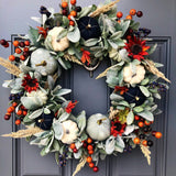 Fall lambs ear and blue pumpkin wreath