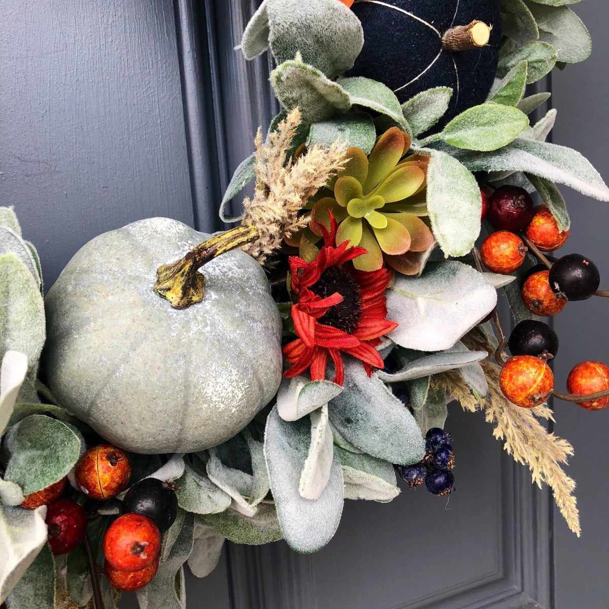 Fall lambs ear and blue pumpkin wreath