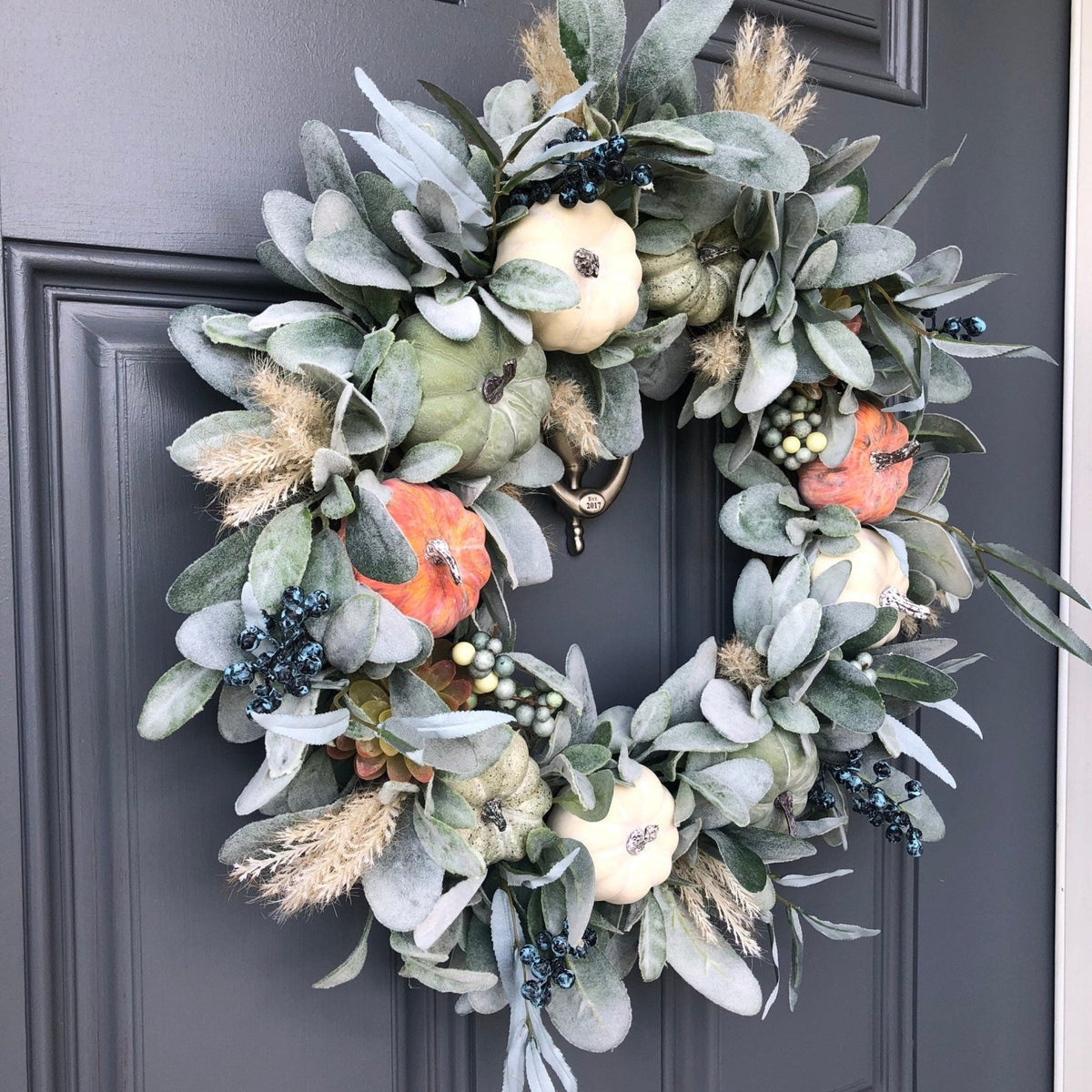 Fall lamb’s ear and pumpkin front door boho wreath