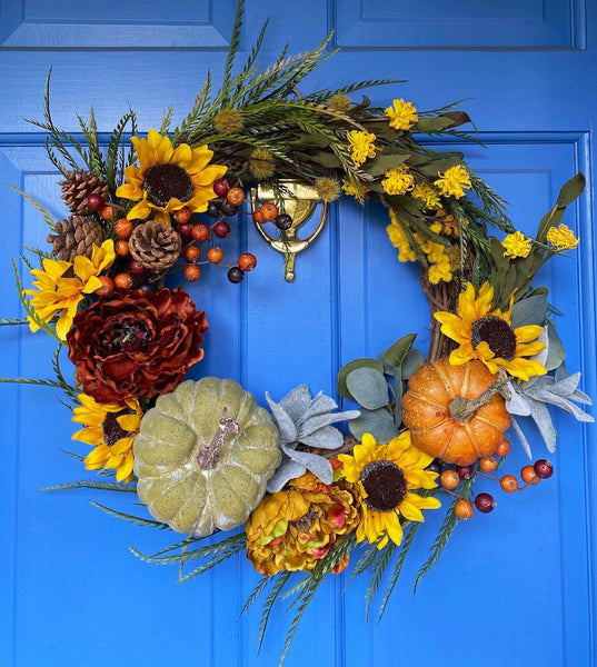 Peony wreath, fall front door wreath, orange deals peony wreath, pinecones, biege mums, eucalyptus