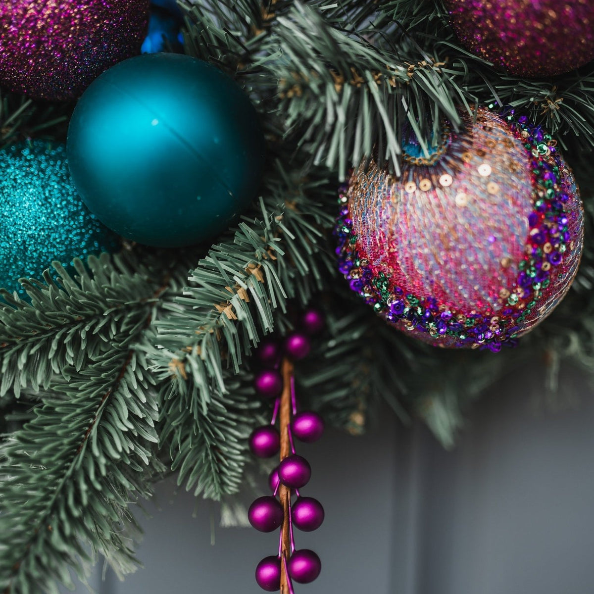 Handcrafted Christmas Pine Wreath with Purple