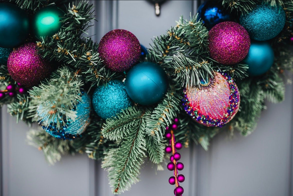 Handcrafted Christmas Pine Wreath with Purple