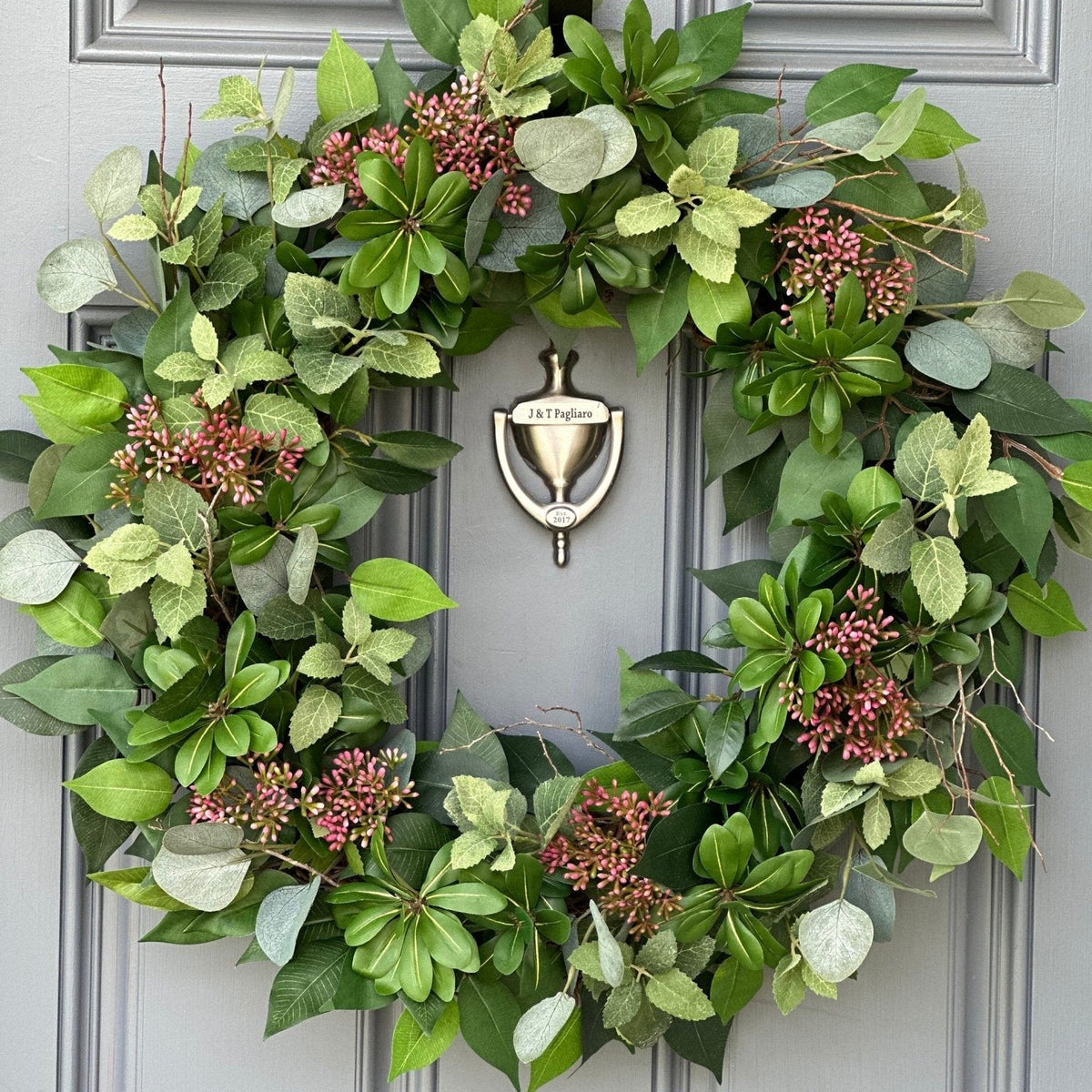 Handcrafted Faux Greenery Wreath with Pink Sedum Accents and branches - Perfect for Front Door