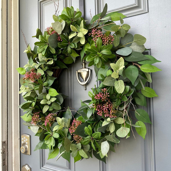 Handcrafted Faux Greenery Wreath with Pink Sedum Accents and branches - Perfect for Front Door