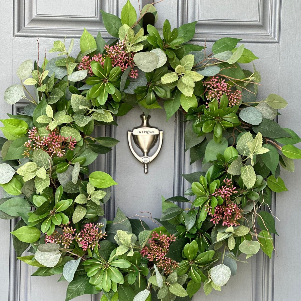 Handcrafted Faux Greenery Wreath with Pink Sedum Accents and branches - Perfect for Front Door