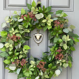 Handcrafted Faux Greenery Wreath with Pink Sedum Accents and branches - Perfect for Front Door