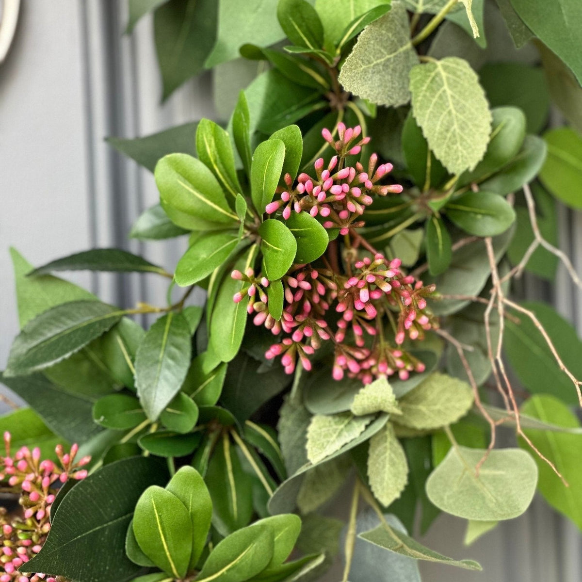 Handcrafted Faux Greenery Wreath with Pink Sedum Accents and branches - Perfect for Front Door