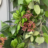 Handcrafted Faux Greenery Wreath with Pink Sedum Accents and branches - Perfect for Front Door