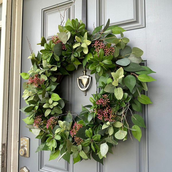 Handcrafted Faux Greenery Wreath with Pink Sedum Accents and branches - Perfect for Front Door