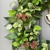 Handcrafted Faux Greenery Wreath with Pink Sedum Accents and branches - Perfect for Front Door