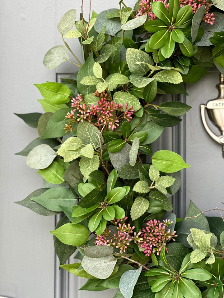 Handcrafted Faux Greenery Wreath with Pink Sedum Accents and branches - Perfect for Front Door