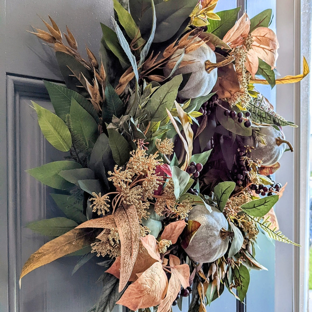 Angle picture of the Eucalyptus and Pumpkin Wreath