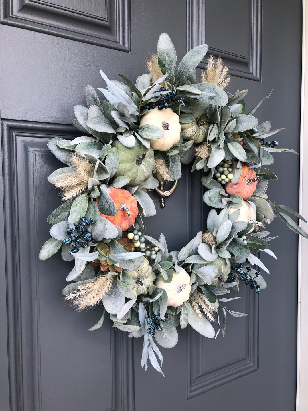 Fall lamb’s ear and pumpkin front door boho wreath
