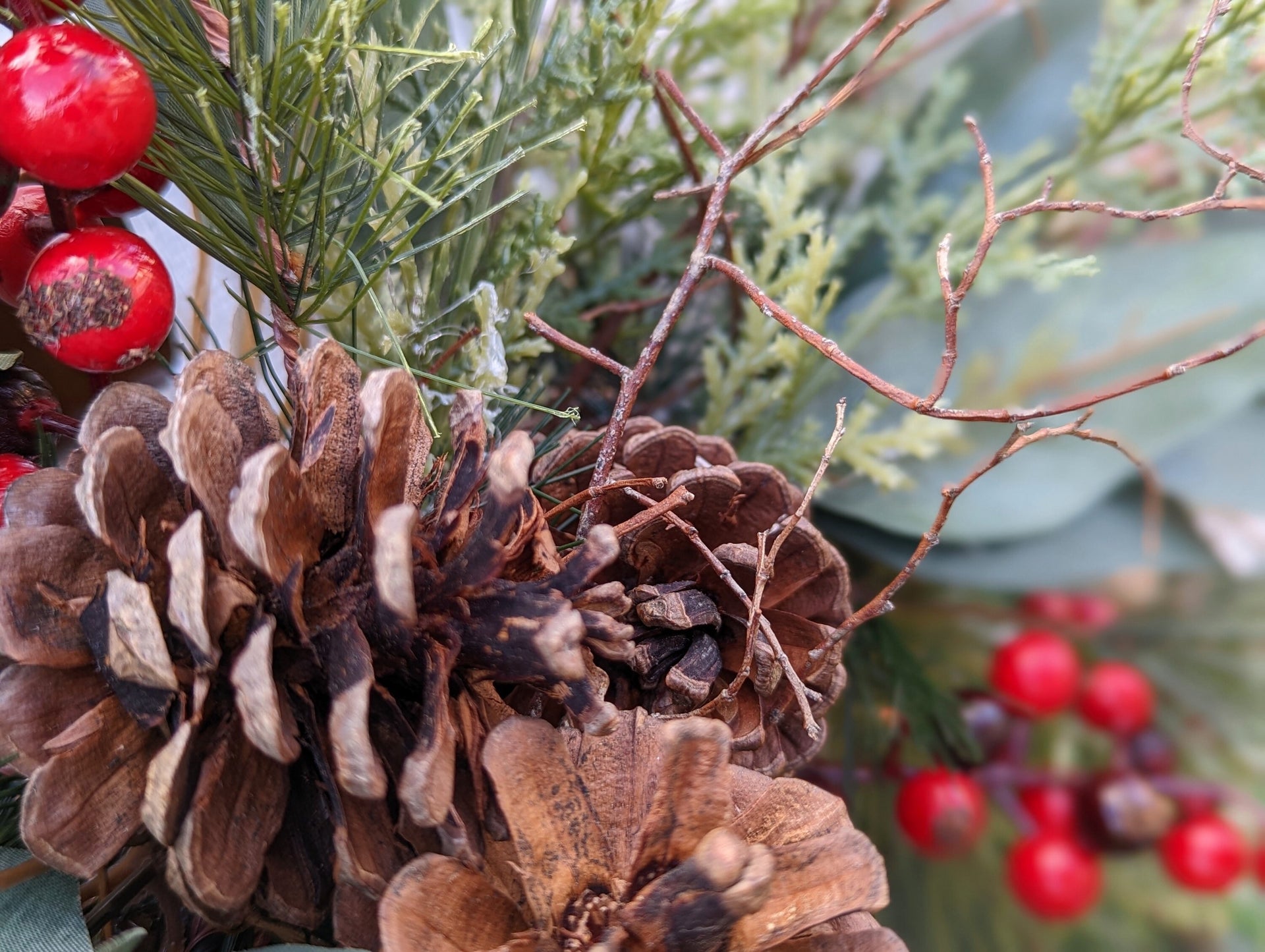  Christmas wreath, Pine wreath with red berries and brass bell. Faux natural looking design for entire winter season. Holiday decorating