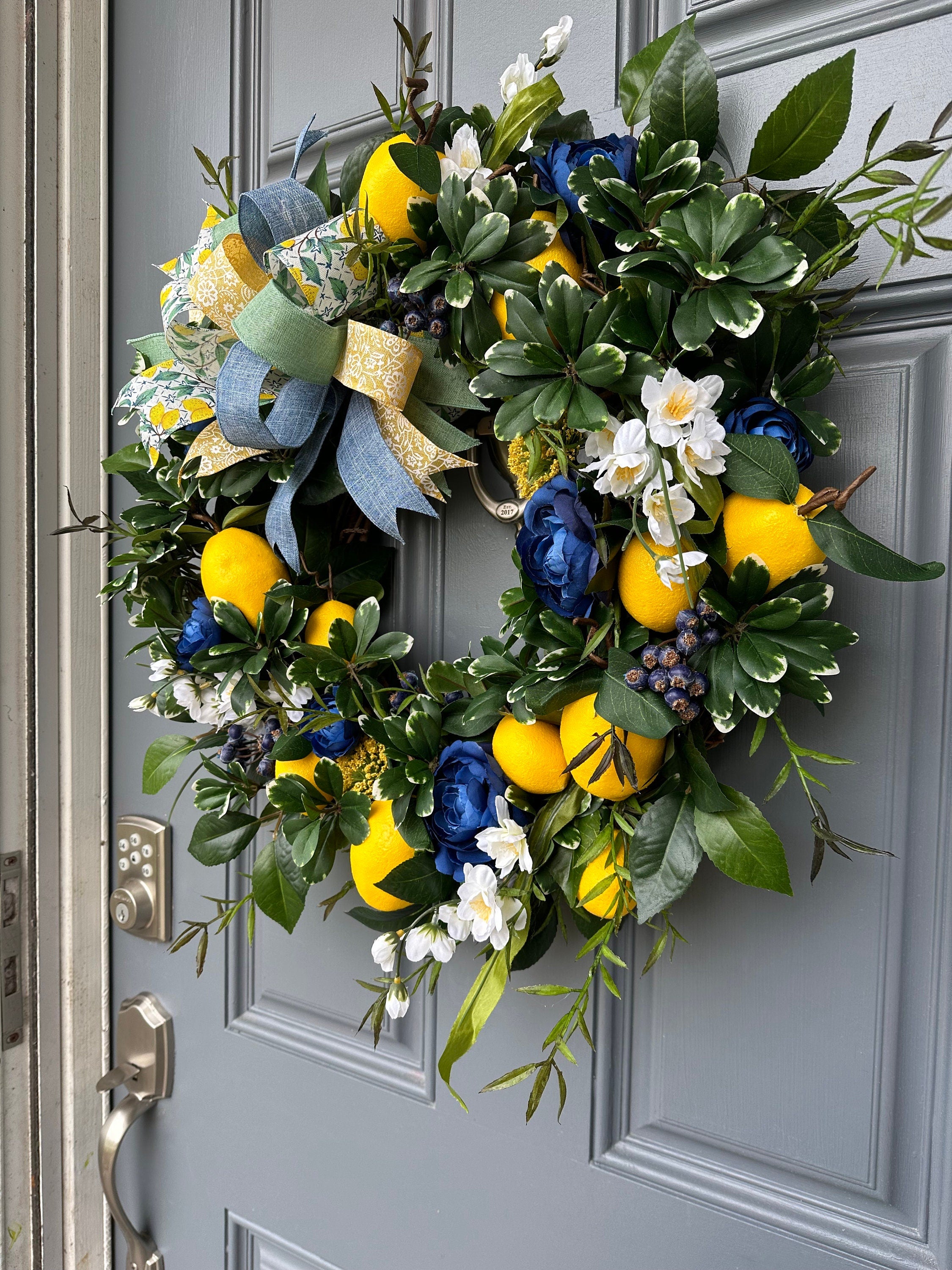 Summer lemon and blueberry wreath for front door, entryway decor, fruit wreath, front porch decor, cottage core, farmhouse style