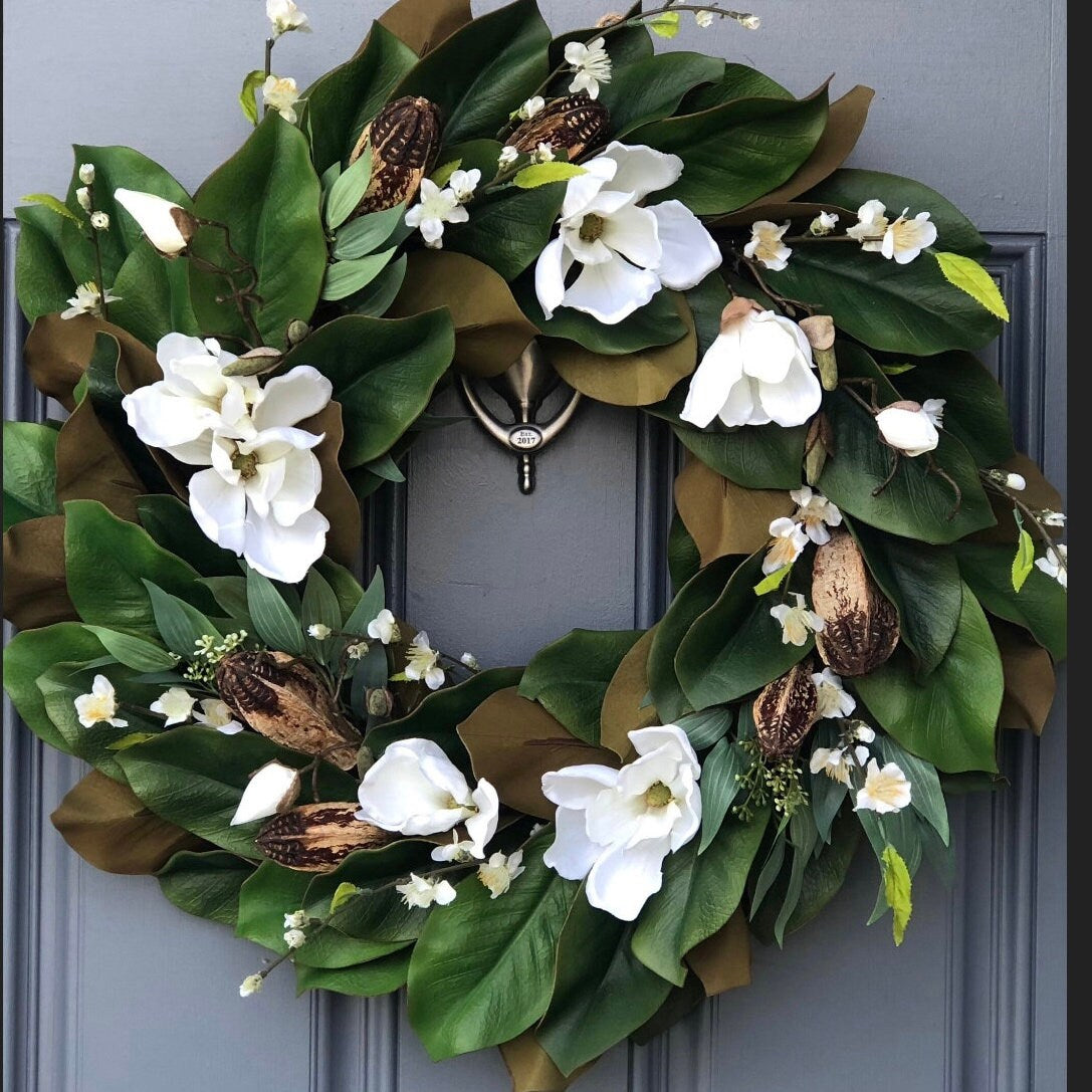 Year-round magnolia front door faux swag, 38” long, housewarming gift, farmhouse wall decor, cottagecore decor, teardrop swag wreath,