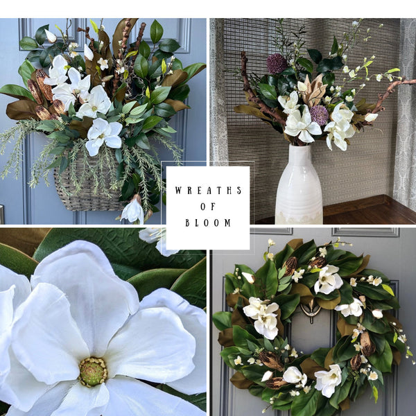 Year-round magnolia front door faux swag, 38” long, housewarming gift, farmhouse wall decor, cottagecore decor, teardrop swag wreath,