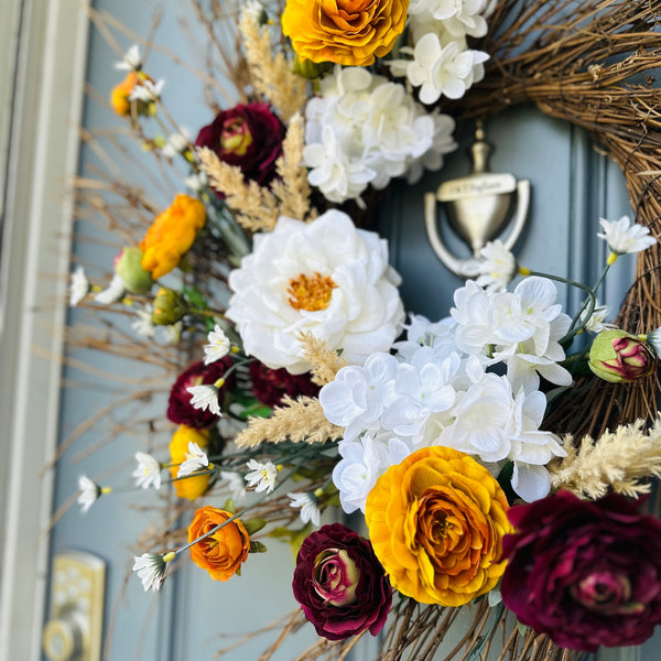 Wreath for your front door, handmade rustic wreath with a boho flare.Covered in hydrangeas, peonies, roses, daisies to welcome your guest!