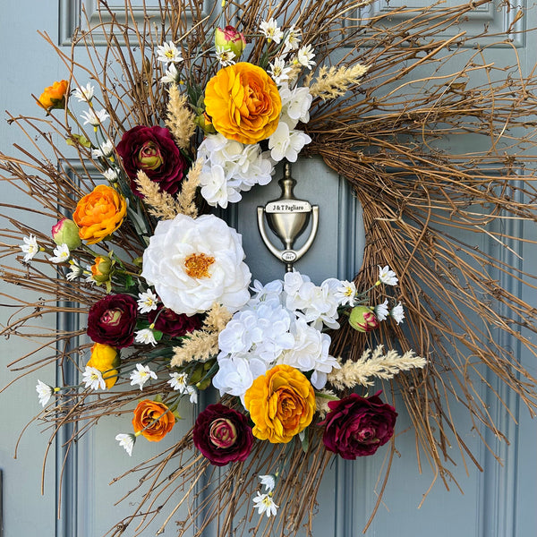 Wreath for your front door, handmade rustic wreath with a boho flare.Covered in hydrangeas, peonies, roses, daisies to welcome your guest!