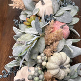 Overhead view of Fall lamb’s ear and pumpkin rustic arrangement, Autumn modern farmhouse table top centerpiece, Thanksgiving arrangement, Pumpkin centerpiece