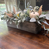 Angle view of Fall lamb’s ear and pumpkin rustic arrangement, Autumn modern farmhouse table top centerpiece, Thanksgiving arrangement, Pumpkin centerpiece