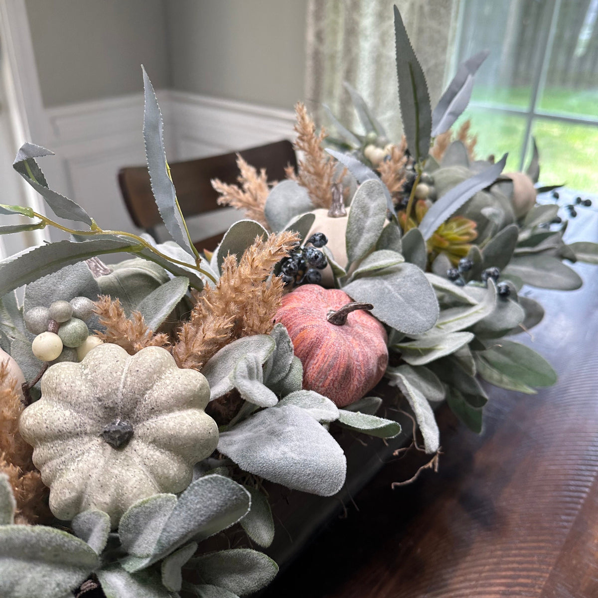 Close up of Pumpkins in Fall lamb’s ear and pumpkin rustic arrangement, Autumn modern farmhouse table top centerpiece, Thanksgiving arrangement, Pumpkin centerpiece