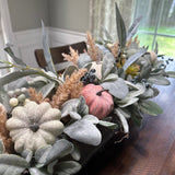 Close up of Pumpkins in Fall lamb’s ear and pumpkin rustic arrangement, Autumn modern farmhouse table top centerpiece, Thanksgiving arrangement, Pumpkin centerpiece