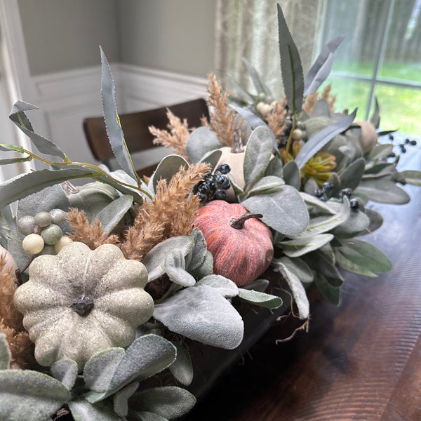 Fall lamb’s ear and pumpkin rustic arrangement, Autumn modern farmhouse table top centerpiece, Thanksgiving arrangement, Pumpkin centerpiece