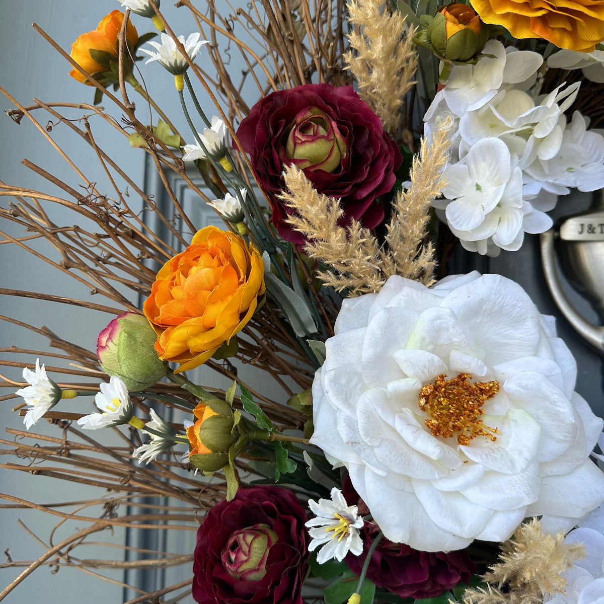 Wreath for your front door, handmade rustic wreath with a boho flare.Covered in hydrangeas, peonies, roses, daisies to welcome your guest!