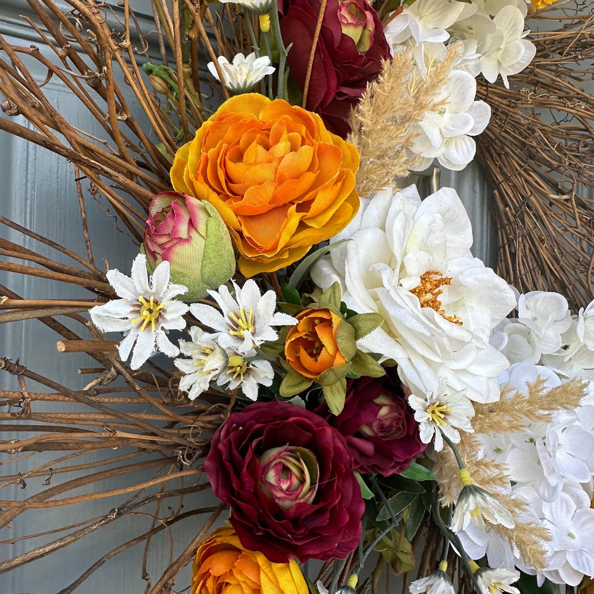 Wreath for your front door, handmade rustic wreath with a boho flare.Covered in hydrangeas, peonies, roses, daisies to welcome your guest!