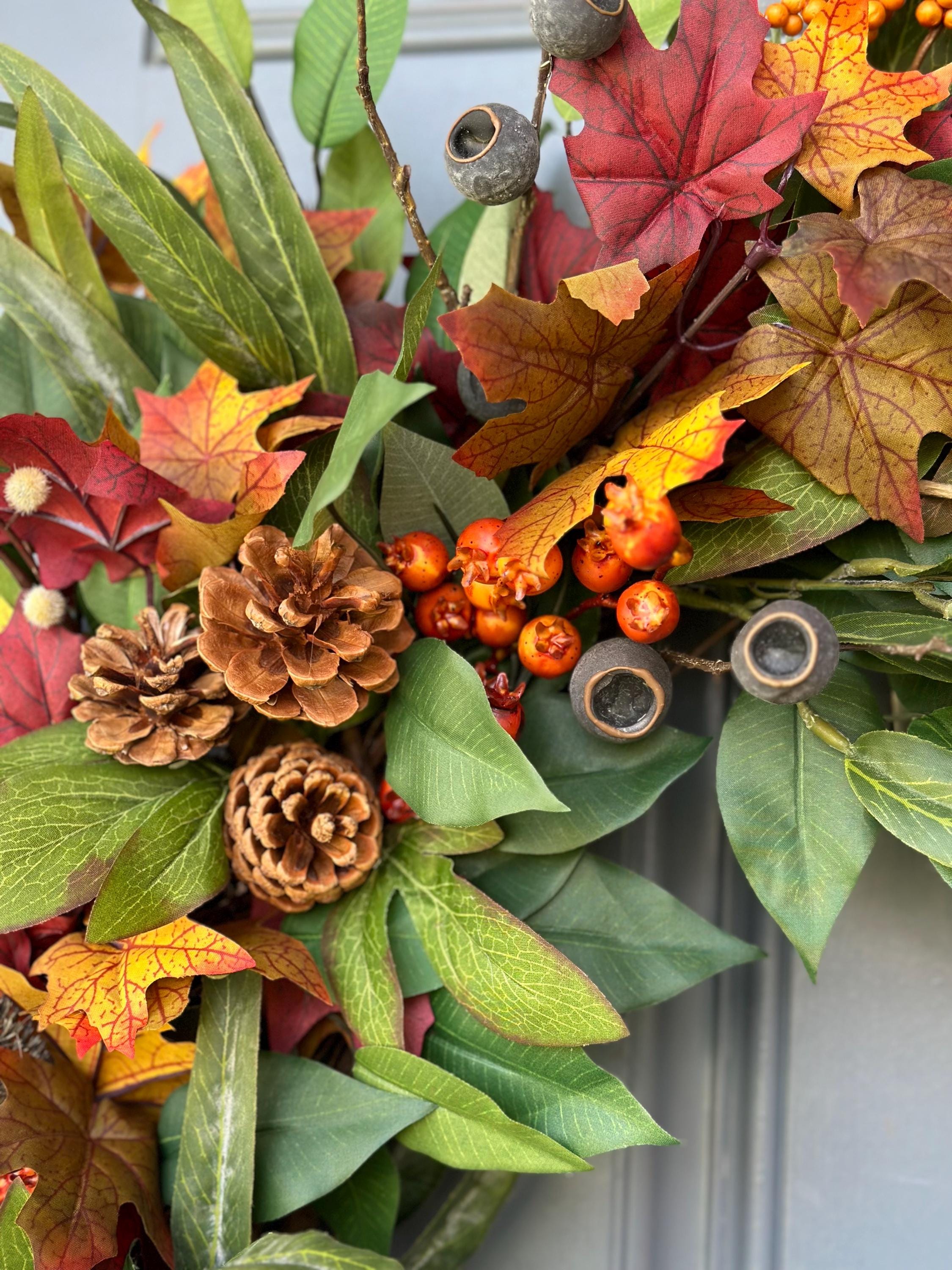 Autumn Wreath, fall fashion leaves, football Mums, cabbage roses and bittersweet, Thistles and Bittersweet, Fall front door, Farm house Wreath