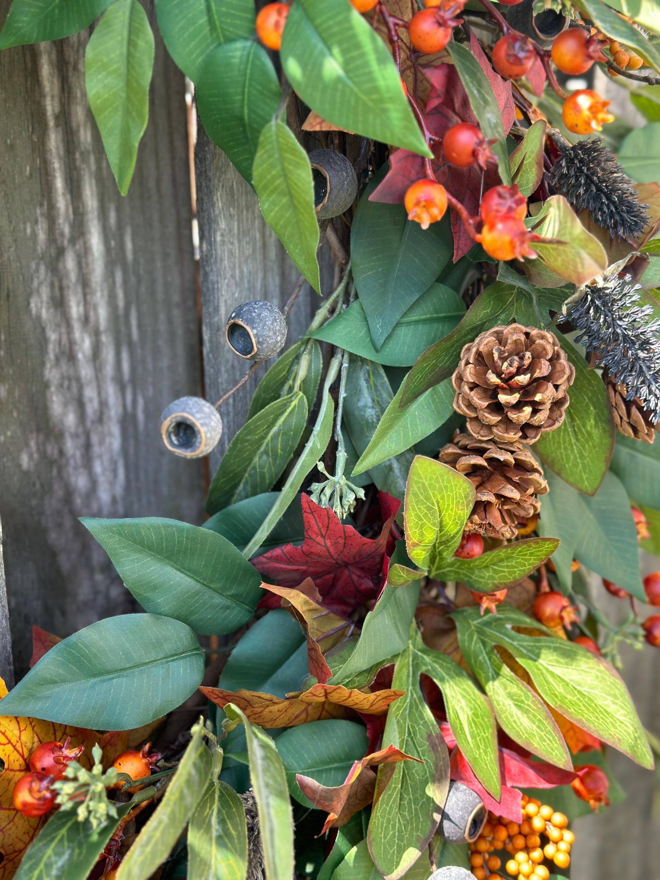 Autumn Wreath, fall leaves, football Mums, cabbage roses and bittersweet, Thistles and Bittersweet, Fall front door, offers Farm house Wreath